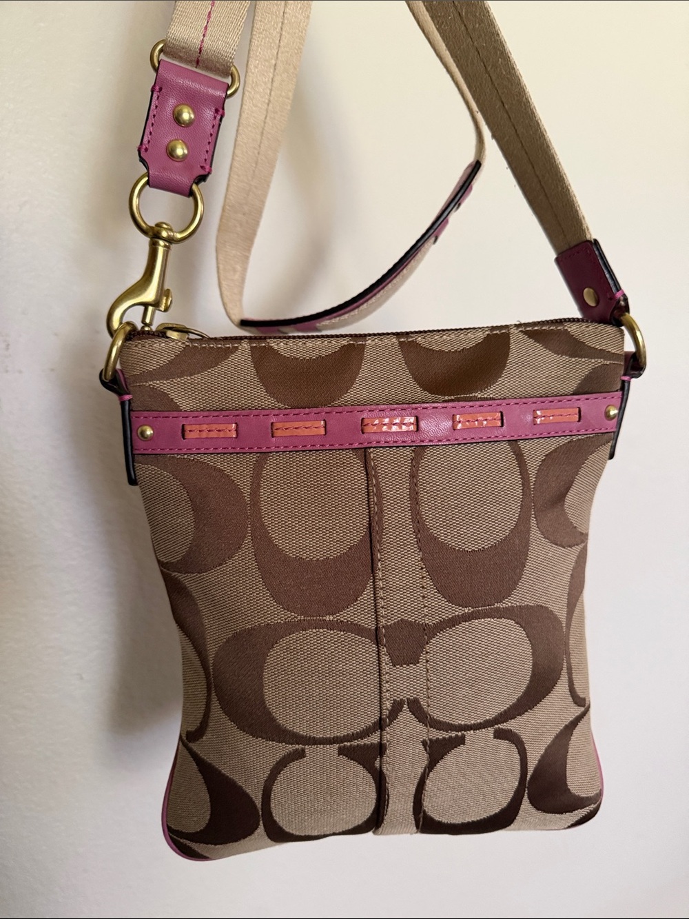 Coach Poppy Brown Signature Crossbody with Pink Trim
